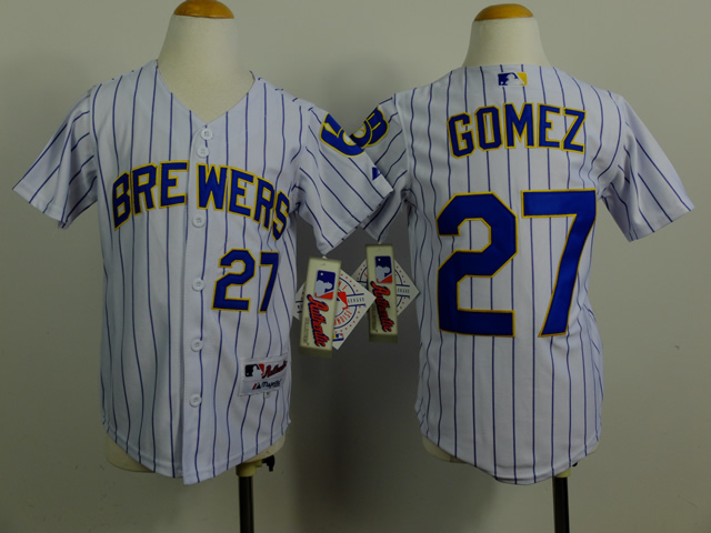 Youth Milwaukee Brewers #27 Gomez White Stripe MLB Jerseys